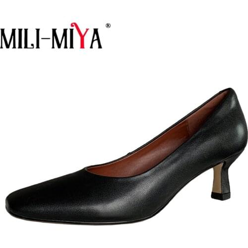 MILI-MIYA 2021 Spring Autumn Square Toe Retro Women Pumps Genuine Leather Med High Heels Slip On Ladies Party All Match Shoes
