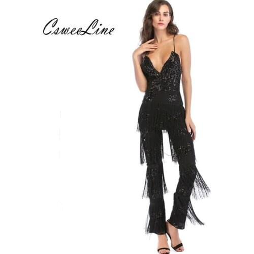 2018 sequins embroidery fringed rompers womens jumpsuit overalls for women night club party tassels runway sexy black jumpsuits