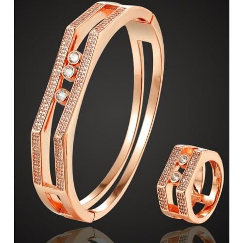 Zlxgirl jewelry brand rose gold color bangle ring jewelry sets women bridal accessory sets Cubic zircon copper bangle 2201100191