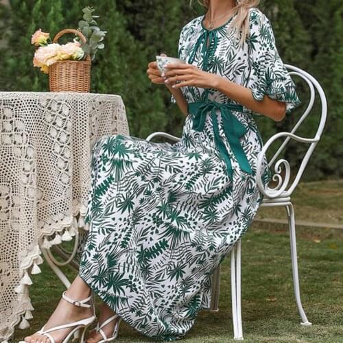 The Summer New Style Chiffon Plant Motif Printed V-Neck Lotus Leaf Sleeve Lace-Up Slim Long Dress Light-Cooked Commuter Style