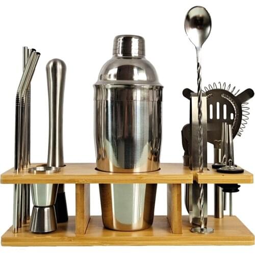 14-Piece Bartender Kit Cocktail Shaker Set Home DIY Suit for Mixed Drinks Martini Stainless Steel with Rectangular Bamboo Frame