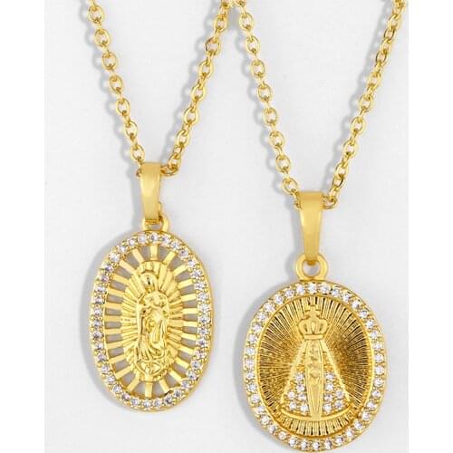 FLOLA CZ Gold Virgin Mary Necklaces For Women Crystal Crown Cross Pendant Necklace Religious Jewelry virgen de guadalupe nker16