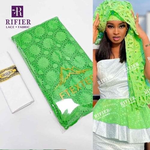 Green And White Dry Lace With Rhinestones And Bazin Riche Fabric For African Women Swiss Voile Lace Fabric Top Quality Bazin