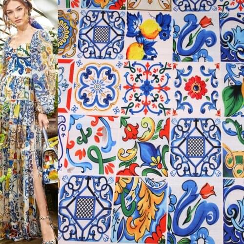 145cm Width Fashion Blue and white porcelain Thin Chiffon Fabric For Woman Summer Dress Blouse DIY Cloth Sewing