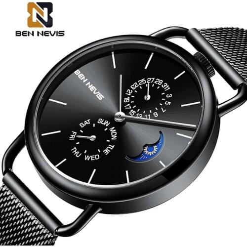 BEN NEVIS Mens Fashion Quartz Watch Analog Clock Male Simple Steel Wristwatch Man Waterproof Business Moon Phase Montre Homme