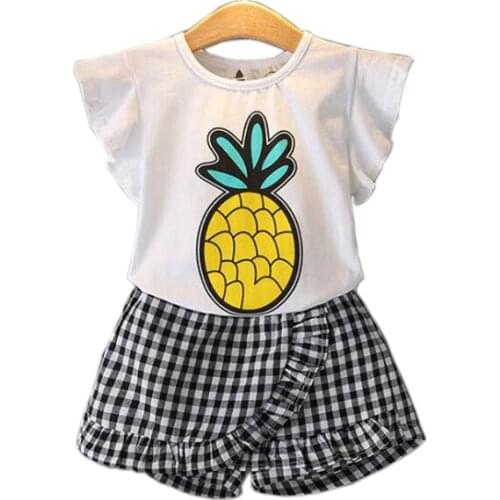 Fashion Girls Clothes Set Summer Print Pineapple Shirts + Plaid Skirt Shorts Clothing Sets For Girls Sports Wear Crianca Roupas