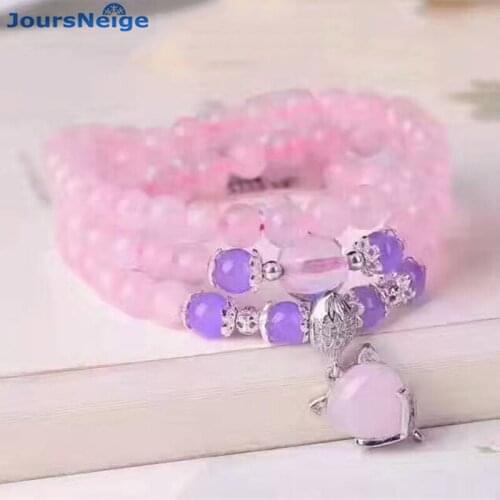 Wholesale Pink Chalcedony Natural Crystal Bracelets Stone 8mm Beads With Fox Pendant for Girl Women Crystal Bracelet Jewelry
