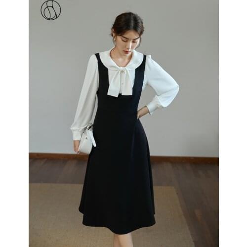 DUSHU Woman French Vintage Strappy Dress Big U-neck Black Slim A-line Skirts Ladies' Simple Temperament Strap Dress Autumn