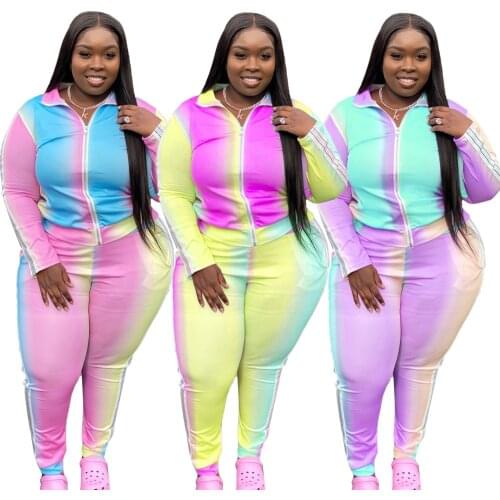 Plus Size Clothes Women L-5XL 2 Piece Set Gradient Patchwork Zip Top Sport Pants Fitness Outfit Activewear Wholesale Dropshpping