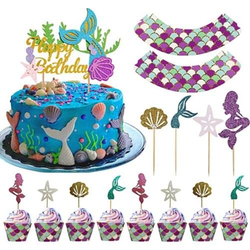 Mermaid Happy Birthday Party Cupcake Toppers Wrappers Bunting Banner Mermaid Theme Baby Shower Birthday Party Cake Decorations