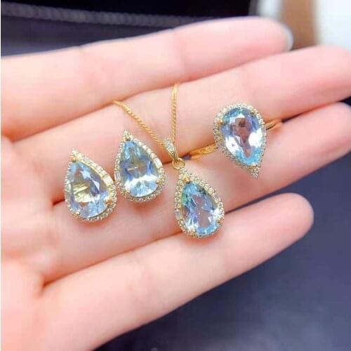 Natural Topaz Water Drop Shape Earrings Ring Pendants Necklace Set S925 Silver Fine Fashion Weddings Jewelry Women MeibaPJFS
