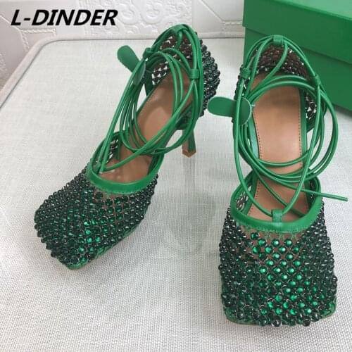 L-DINDER Green Crystal Women Fishnet Sandals Runway Square Toe Ankle Cross Tied High Heel Shoes Real Leather Rhinestone Sandals