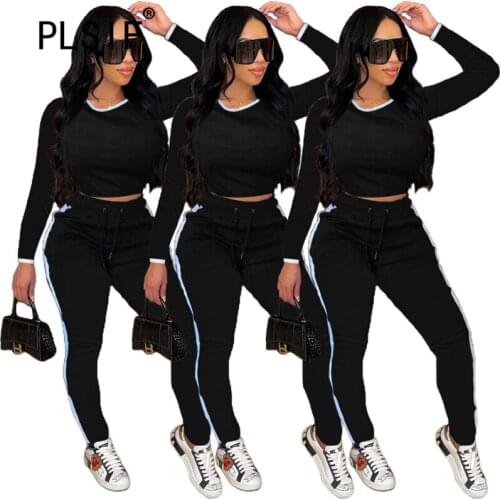 Women Autumn Black Long Sleeve Round Neck Blouse And Feet Trousers Street Fashion Slim Trousers Set