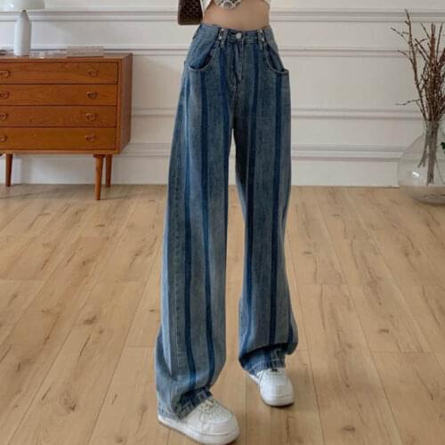 Zoki Fashion Striped Women Jeans Straight High Waist Loose Blue Korean Pocket Wide Leg Denim Pants Causal Autumn Female Jeans