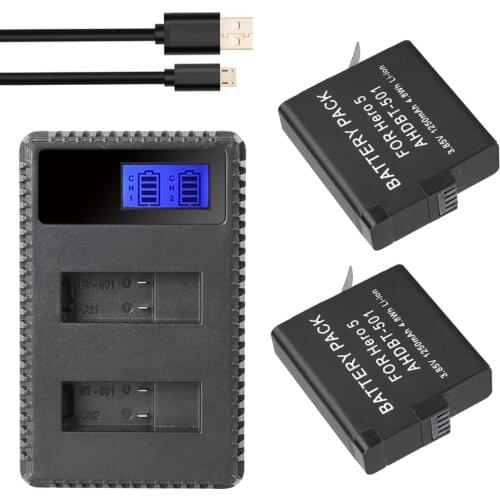 2x 1250mAh AHDBT-501 AHDBT501 Hero5 Hero6 Action Camera Battery + USB LCD Dual Charger For GoPro Hero 5 6 Camera Accessories