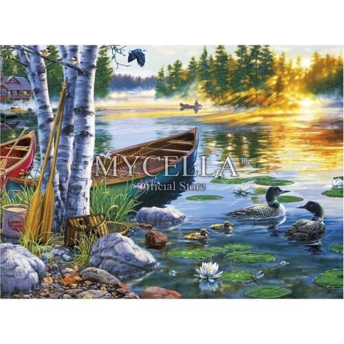 5D DIY Diamond Painting Lakeside Morning boat Crystal Embroidery Cross Stitch Needlework Full Diamond Mosaic Stickers Decor Gift