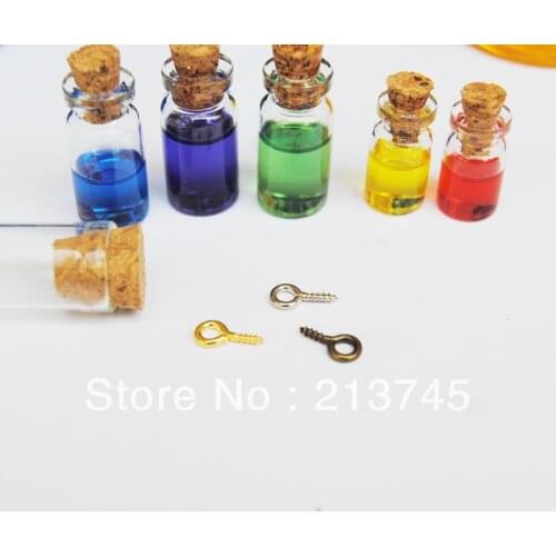 Free shipping !!! 100pcs/lot 10x18mm cork & dull silver Eyehook Tiny Clear Glass Bottles Vials Charms Pendants 0.5ml