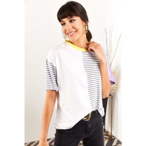 Block Color Detailed T-Shirt Ecru-Grey Style Woman Fashion Cool