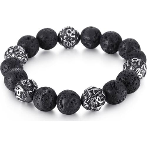 HAOLYNJOY Retro Lava Tiger Eye Beads Bracelet Men Stainless Steel Buddhism Mantras OM MANI PADME HUM Lotus Charm Bracelet