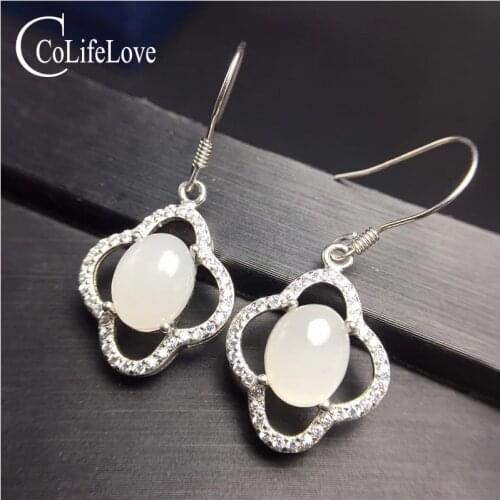Elegant white jade drop earrings for evening party 7 mm * 9 mm milk white jade earrings solid 925 sterling silver jade jewelry
