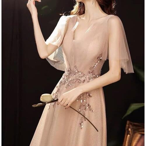 Elegant Champagne Prom Dresses V-Neck A-Line Tulle Perspective Butterfly Sleeve Long Banquet Party Gowns With Appliques Bead New