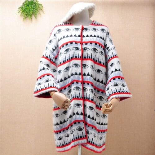 Heavy thick female women fashion Eyes angora rabbit fur knitted wool long flare sleeve cardigan loose winter jacket coat sweater