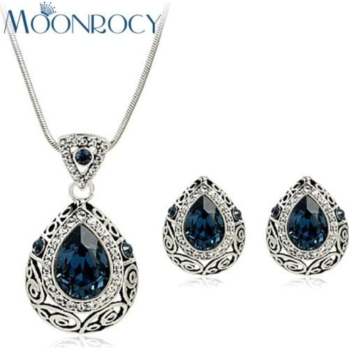 MOONROCY Free Shipping Fashion Vintage CZ Blue Crystal Necklace and Earrings Jewelry Set Wholesale for Women Girls Gift