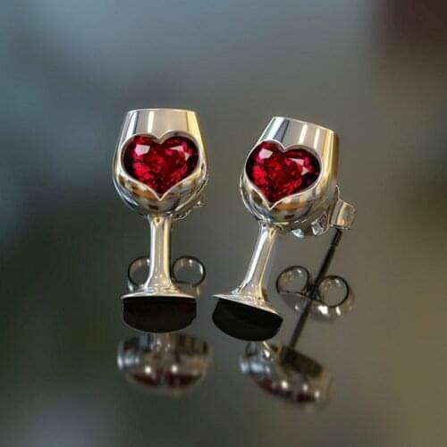 Fashion Love Heart Zircon Earrings Statement Engagement Wedding Jewelry Creative Red Wine Goblet Stud Earrings For Women