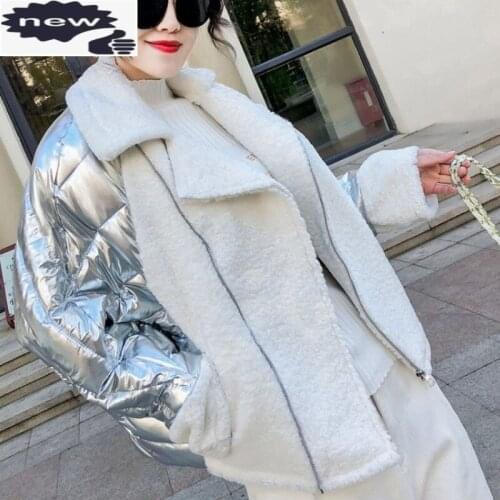 New Winter Silver Shiny Coat Women Loose Fashion Down Cotton Padded Patchwork Short Warm Glossy Parka Batwing Sleeve Jacket