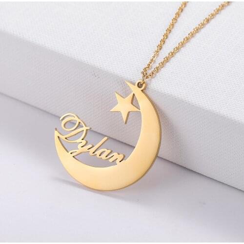Personalized Moon Necklace Customized Gold Stainless Steel Name Pendant Custom Star Nameplate Necklace For Women Jewelry Gift