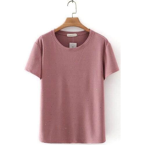 Plus Size XL-4XL Womens Round Neck Shirts Oversized Slim Summer Tops with Glitters