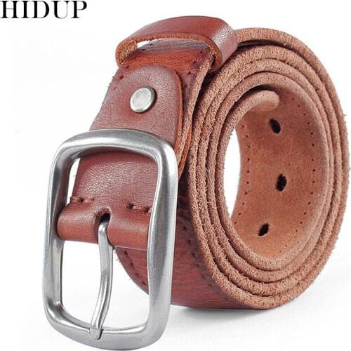 HIDUP 2020 Designer Top Quality 100% Solid Cow Genuine Leather Belt Pin Buckle Metal Pure Cowhide Belts Retro Style Jeans NWJ308