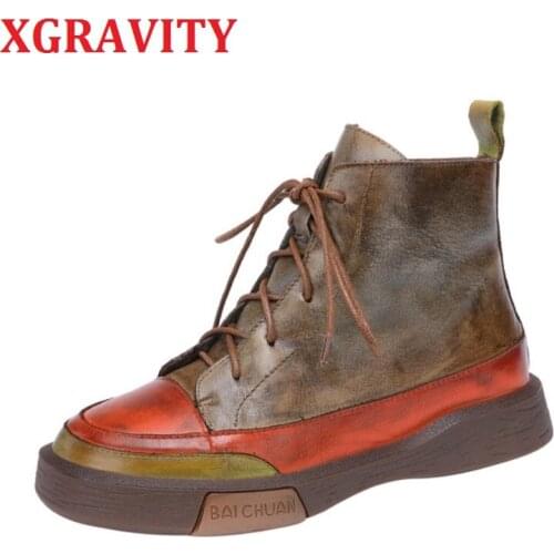 S076 XGRAVITY Fashion New Round Toe Casual Boots Cow Genuine Leather Shoes Comfortable Woman Footwear Women Shoes Ladies Boots