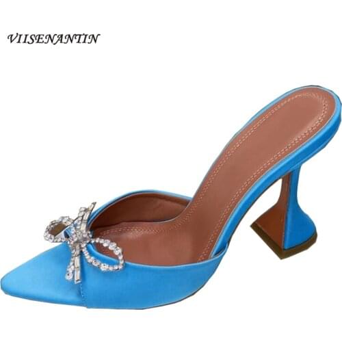 Pointed Toe Women Silk Satin Slides Shoe Crystal Bowtie Elegant Female High Heel Shoes Summer 2021 New Luxury Party Shoes Mules
