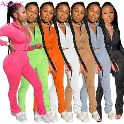 Adogirl Solid Two Piece Tracksuit Set Women Autumn Long Sleeve Zipper Crop Top Pencil Pants With Pockets Slim Jogging Suit