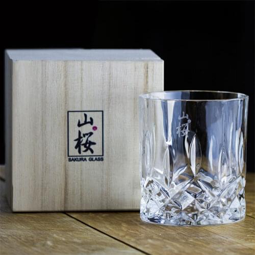Japanese Mountain Cherry Blossom Glass Whiskey Cup Carved Crystal Glass Wooden Box Set Classical Japanese Ins Style