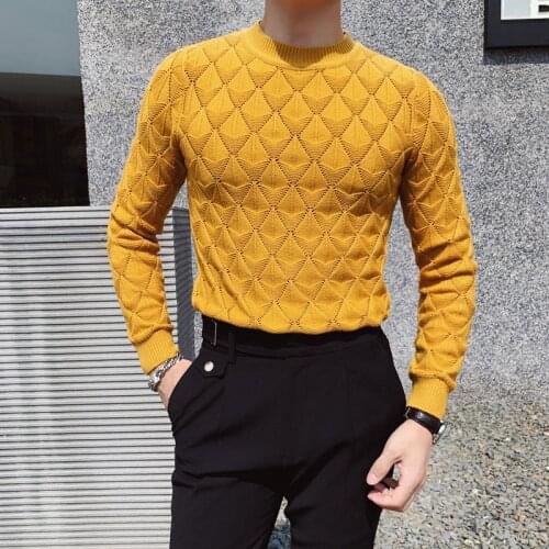 2021 Knitting Thick Thread Slim Hollow Out Sweater Yellow Solid Color Pullover Winter O-neck Pullover Men Thick Sweater