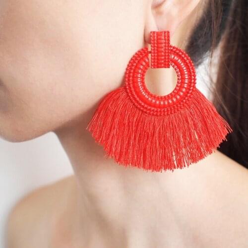 MANILAI Fanshaped Cotton Tassels Earrings For Women Bohemia Handmade Alloy Fringed Dangle Earrings Ethnic Jewelry 6 Color