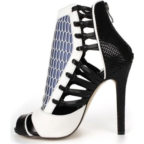 Geometric Style Cut-out Mesh Gladiator Sandals Peep Toe Cut-out Stappy Sandal Back Zipper Cage Shoes Woman High Heel Pumps