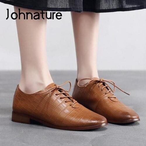 Johnature Lace-Up Pumps Women Shoes Genuine Leather 2021 New Spring/Autumn Round Toe Casual Retro Shallow Concise Ladies Shoes