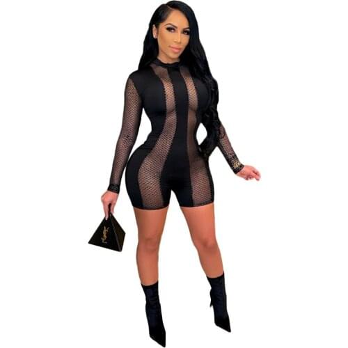Mesh Jumpsuit Black Short Jumpsuit Women Summer 2021 See Through Mono Mujer Night Club Outfit Clubwear Combinaison Short Femme