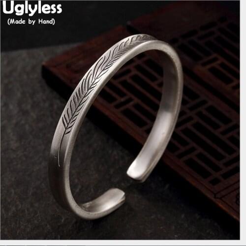 Uglyless 100% Real 999 Full Silver Leaf Handmade Ethnic Bangles for Women Concave Feather Open Bangle Thai Silver Fine Jewelry