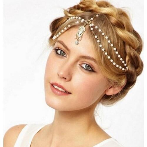 Women Vintage Deco Flapper Ivory Multi Beads Crown Tikka Headband Wedding Head Chain