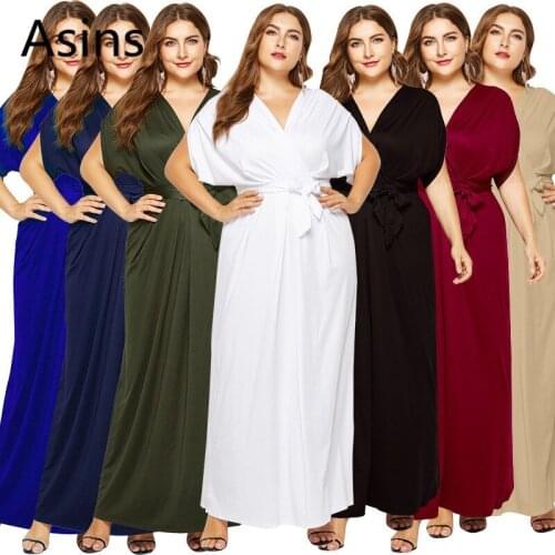 Asins dress women 2019 summer new hot fashion deep v neck solid color high waist batwing sleeve sashes sexy wild long dresses