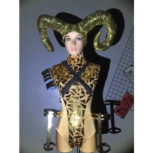 Gold mirror DJ horns headdress jumpsuit suit Stage dance Show female song Ds dance team gogo costume