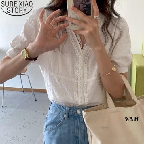 2021 Fashion V-neck Loose Shirt Casual White Lace Blouse Women Shirts Blouses Tops Summer New Puff Sleeve Top Blusas Mujer 14825