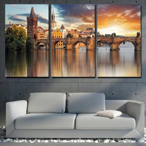 3 Piece PRAGUE STONE BRIDGE Modern Canvas Painting Wall Art Printed On Canvas Oil Painting Stretched and Frame Drop shipping