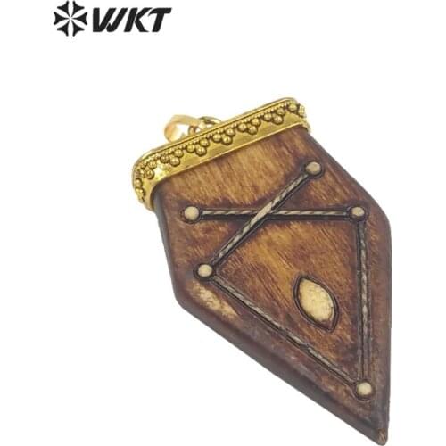 WT-P978 5pcs/lot Wholesale Design Carved Pendant with Gold strim ,Brown Resin Arrowhead Shape Pendant for Necklace Making