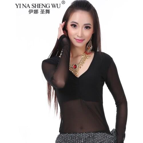 9 Colors Dance Clothes Women Mesh Top V-neck Long Sleeves Spandex Belly Dance Bottoming Shirt Costume Accessories Class Wear