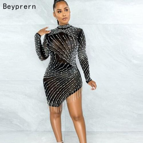 Beyprern Sparkle Black Pearl Rhinestones Fringe Mesh Dress Autumn Long Sleeve Bodycon Crystal Party Club Dress Birthday Outfits